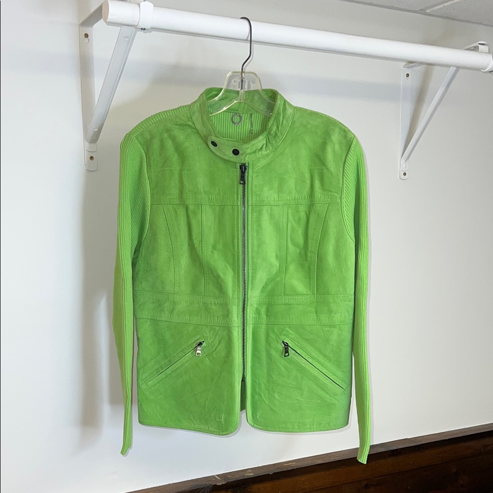 Vintage Y2K Genuine‎ Suede Green Women's Jacket with Ribbed Sweater Sleeves- L